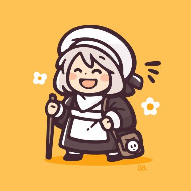 Gülen yüzlü büyüleyici yaşlı kadın çizgi filmi