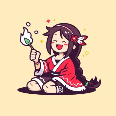 Kırmızı kimononun içinde parlayan bir yaprak tutan tatlı bir anime kızı.