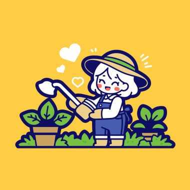 Çizgi film bahçesindeki Mutlu Bahçıvan Su Bitkileri