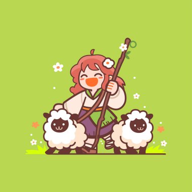 Koyunlu neşeli çoban yemyeşil bir tarlada