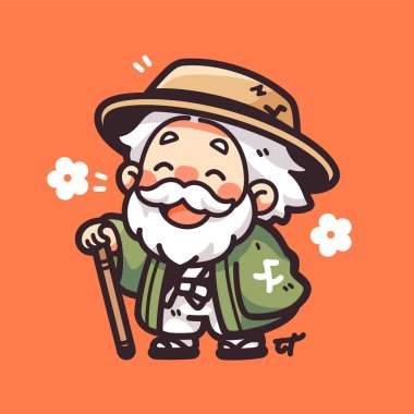 Şapkalı ve Bastonlu Mutlu Yaşlı Adam Çizgi Filmi Karakteri