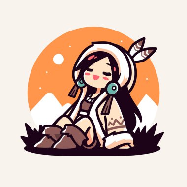 Şirin Amerikan Yerlisi Chibi Karakteri Gün batımında Rahatlıyor