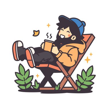 Kamp yaparken kahve molası veren bir adam