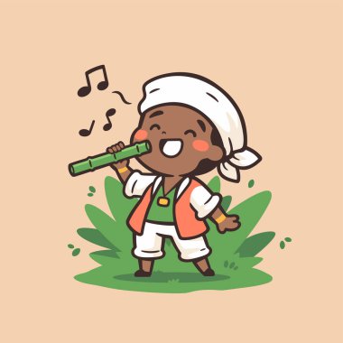 Bambu flüt çalan sevimli çizgi film çocuğu.