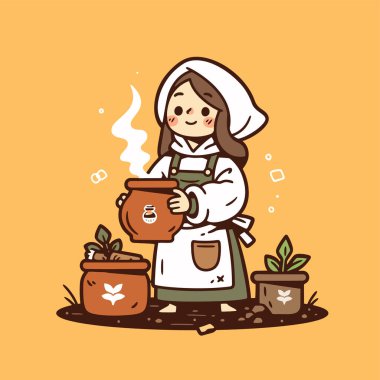 Bahçıvan bitkilerle bir tencerede otlar pişiriyor.