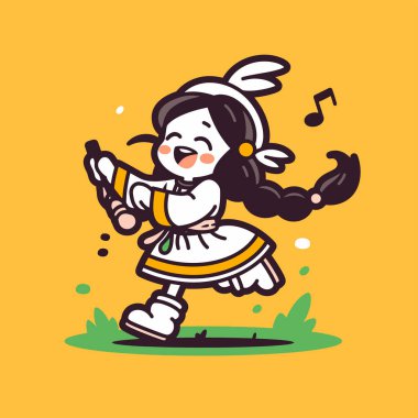 Neşeli çizgi film kızı müzik çalıyor.