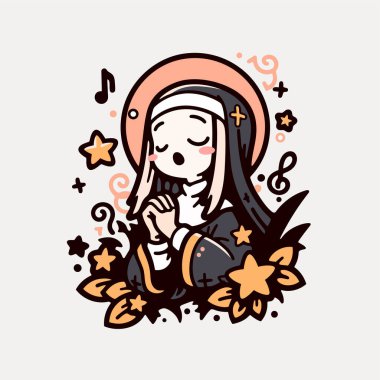 Yıldızlar ve Müzik Notalarıyla çevrili Bir Dua Rahibesi