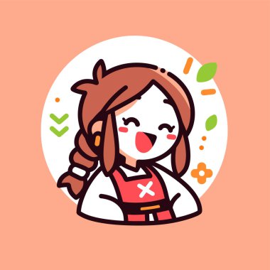 Örgülü ve önlüklü neşeli çizgi film kızı.