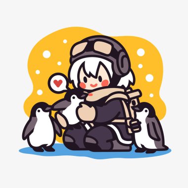 Kış kostümü giyen sevimli penguen çizgi filmi.