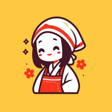 Önlüklü ve Bandanalı Sevimli Japon Aşçı Karakteri