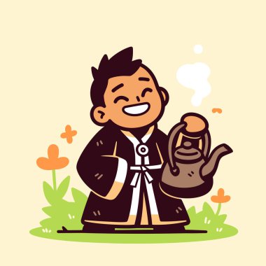 Bir çaydanlık çaydanlık ile Mutlu Keşiş