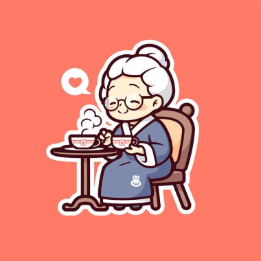 Çay yiyen yaşlı kadının vektör çizimi