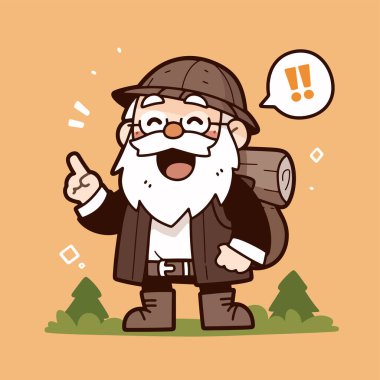 Mutlu çizgi film kaşifleri Sırt çantasıyla işaret ediyor ve gülümsüyor