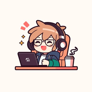 Kulaklık, dizüstü bilgisayar ve kahve fincanı olan anime tarzı bir karakter..