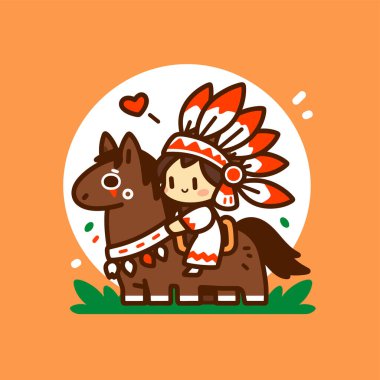 Şirin Amerikan Yerlisi At Biniciliği Çizgi Filmi Çizimi