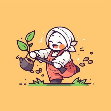 Sulama kabı olan küçük bahçıvanın vektör düzlüğü çizimi.