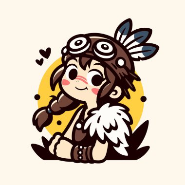 Amerikan yerlisi kostümlü şirin küçük bir kız. vektör illüstrasyonu.