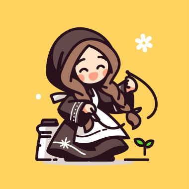 Kukuletalı cüppeli gülümseyen rahibe, bir çiçekle dua eden.