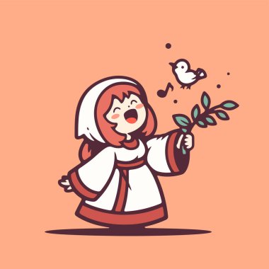 Bir kuşla şarkı söyleyen kız