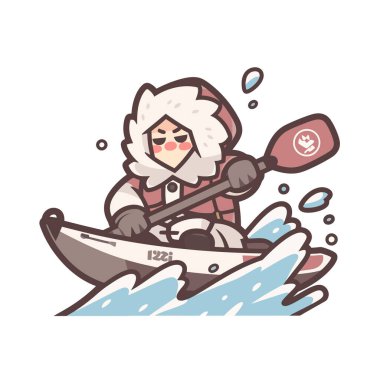 Beyaz kasklı bir çocuk ve kar üzerinde sörf tahtası olan beyaz bir teknenin sevimli bir çizgi film karakteri çizimi.