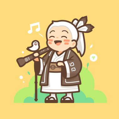 Neşeli Karikatür Keşiş Kuşla Flüt Çalıyor