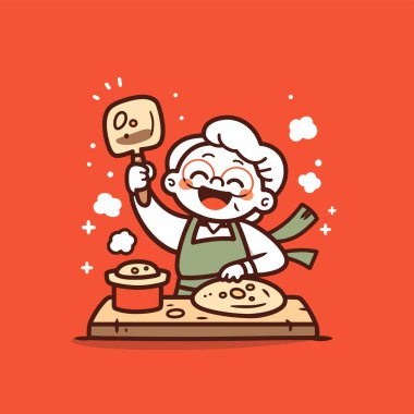 Mutlu Büyükanne Pizza Pişiriyor Harika Çizgi Film İllüstrasyonu