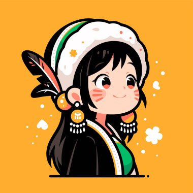 Renkli başlık ve tüyle Amerikan yerlisi Chibi kızı.