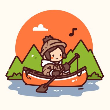 Gün batımındaki Kano Macerası Sevimli Çizgi Film Çizimi