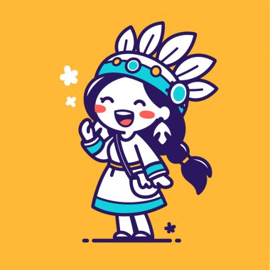 Tatlı Çizgi film Amerikan Yerlisi El sallayan Kız Merhaba