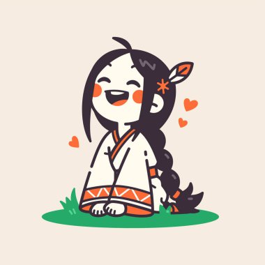 Saçları örgülü, gülümseyen ve kalplerle çevrili sevimli Amerikan yerlisi kız.