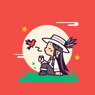 Çizgi film tarzında bir kuşla çay içen kız..