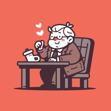 İşadamı masasında yüzen kalplerle kahvenin keyfini çıkarıyor.