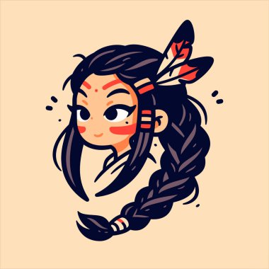 Örgülü saçı ve tüyleri olan Amerikan yerlisi Chibi kızı.