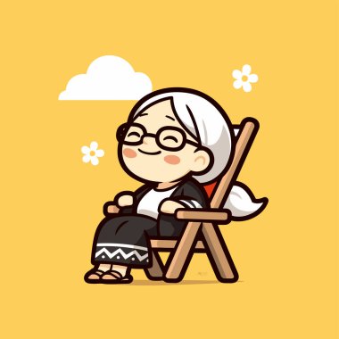 Çekici Çizgi Film Yaşlı Kadın Güverte Sandalyesinde Rahatlıyor