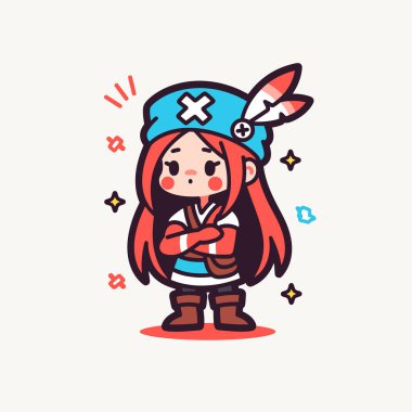 Kızıl saçlı ve tüylü şirin Chibi Anime Savaşçısı Kız