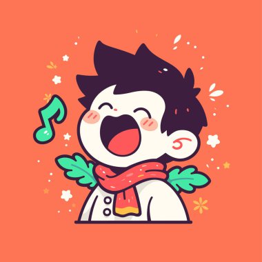 Neşeli Çocuk Müzik Notası ve Şenlik Dekorasyonu ile Şarkı Söylüyor