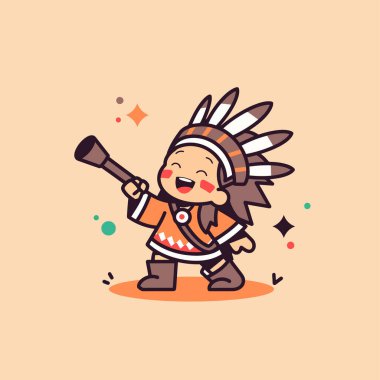 Korna çalan sevimli Amerikan yerlisi çocuk.