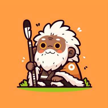 Mızrak Çizgi Filmi İllüstrasyonlu Dost Canlısı Mağara Adamı