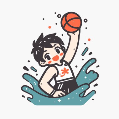 Çizgi film çocuğu suda basketbol oynuyor.