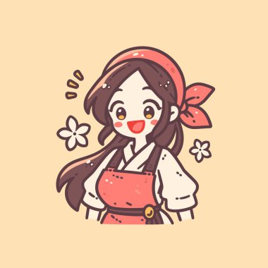 Kırmızı önlüklü ve çiçekli sevimli anime kız.