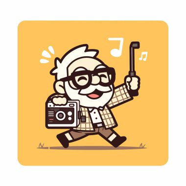 Selfie Çubuğu ve Radyosuyla Neşeli Yaşlı Adam