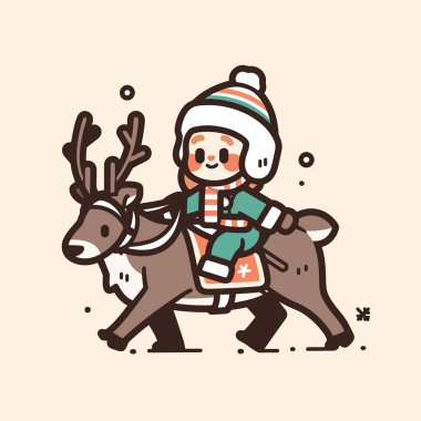 Kışın ren geyiğine binen çocuk