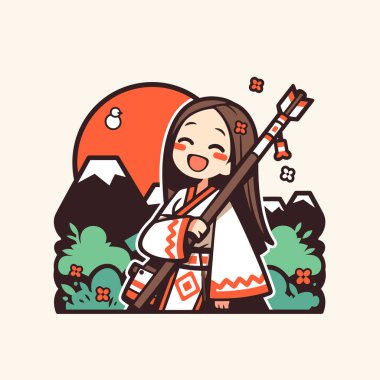 Japon Anime Tarzı Yaylı ve Oklu Neşeli Miko Archer