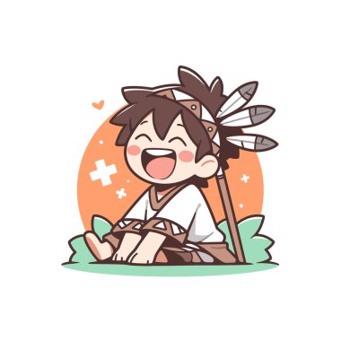 Başlığı ve mızrağı olan sevimli Amerikan yerlisi çocuk.