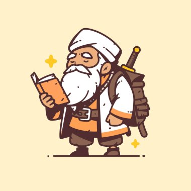 Bilge Büyücü Cüce Kılıç ve Sırt Çantası ile Bir Kitap Okuyor