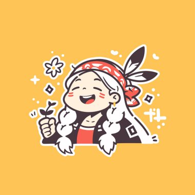 Amerikan yerlisi mutlu bir kadın elinde bitki tutuyor, şirin bir çizgi film tarzı.