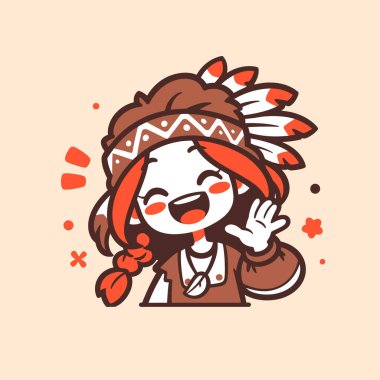 Sevimli Çizgi film Amerikan Yerlisi El sallayan Kız