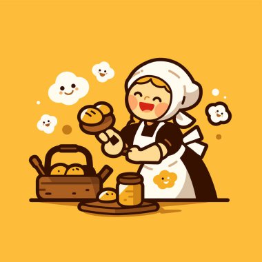 Çizgi film tarzında taze pişmiş ekmeği olan Happy Baker.