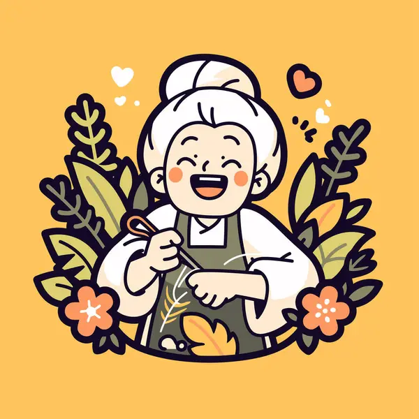 Çiçeklerle dikiş diken mutlu yaşlı kadın.