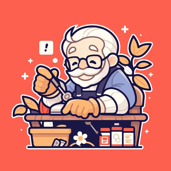 Yaşlı bahçıvan gülümseyerek bitkilerle ilgileniyor.